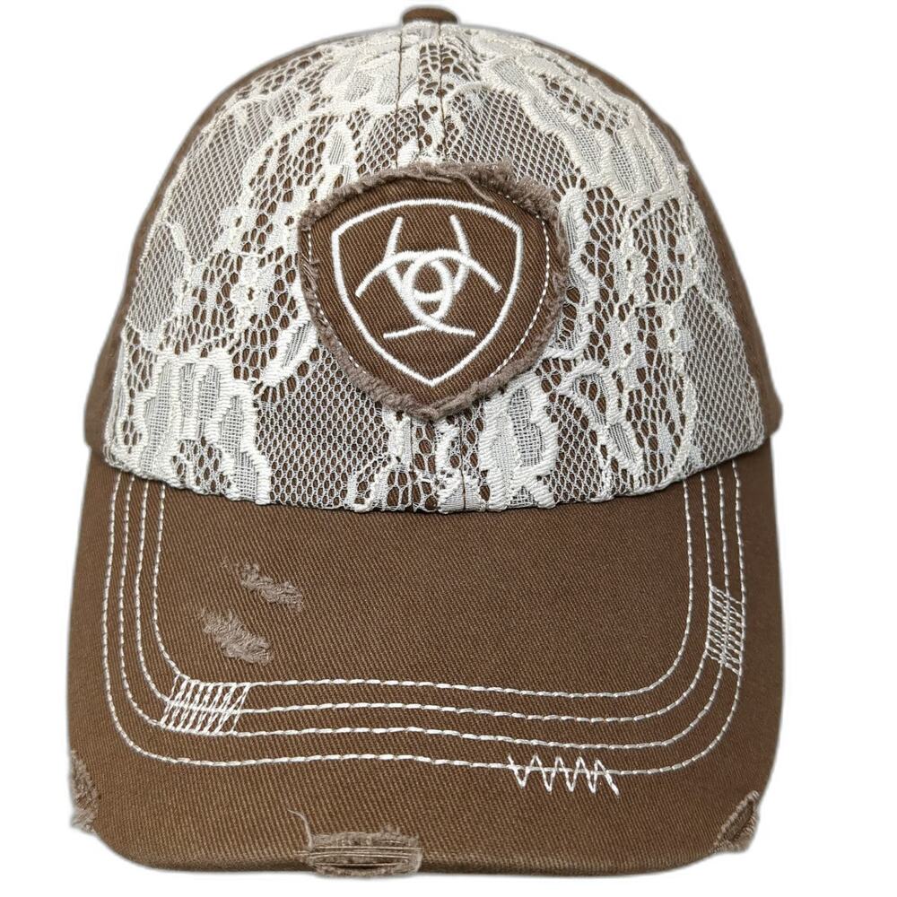 Ariat Baseball Cap Brown One Size Lace Floral Logo Strapback Contrast Stitch Hat
